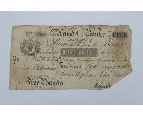 A rare early Victorian Provincial Arundel Bank five pounds note, dated '7th October 1839' and numbered '6099' (cut, soiled ov
