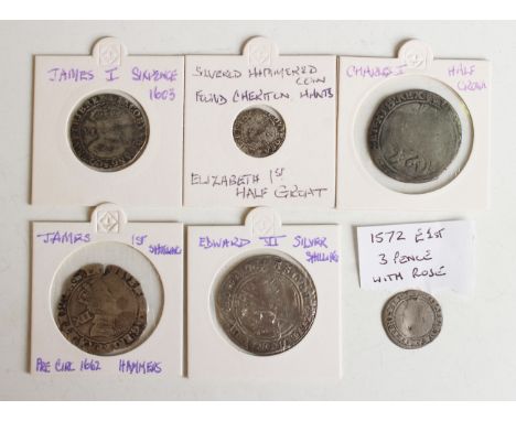 A small collection of later period English hammered silver coinage, including a James I shilling, mintmark coronet, a James I