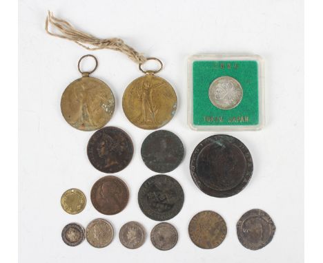 A James I hammered silver sixpence 1605, a small group of other European and world coinage and two First World War Victory Me