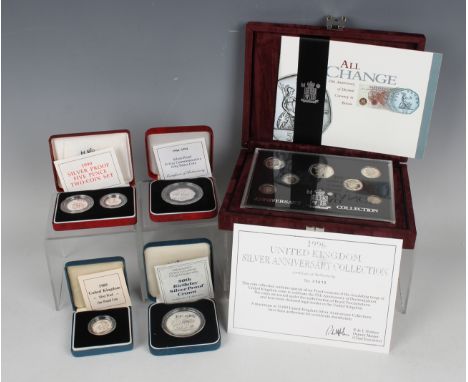 A small collection of cased Royal Mint proof coins, including an All Change 25th Anniversary of Decimal Currency in Britain s