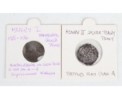 A Henry I hammered silver penny, probably Norwich Mint (part lacking), and a Henry II hammered silver Tealby-type penny, prob
