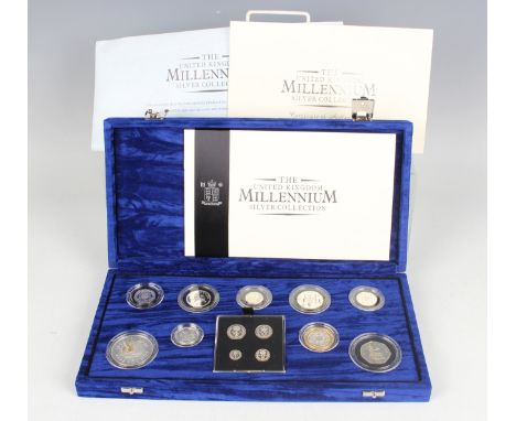 An Elizabeth II Royal Mint Millennium silver proof thirteen-coin set, including the four-coin Maundy set, cased with certific