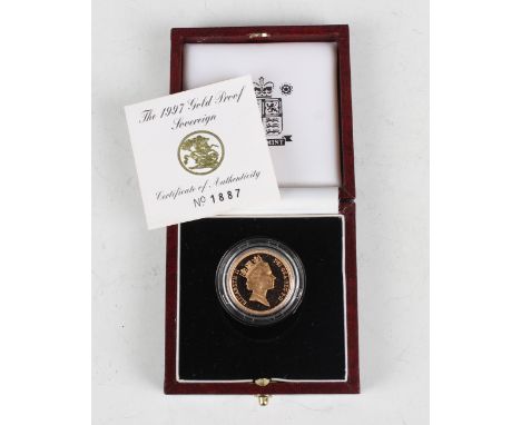 An Elizabeth II Royal Mint proof sovereign 1997, No. 1887, in a deluxe case with certificate.Buyer’s Premium 29.4% (including