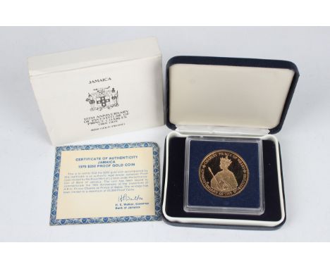 A Jamaica gold proof two hundred and fifty dollars commemorating the Tenth Anniversary of the Investiture of Prince Charles 1