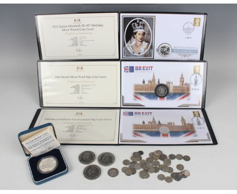 Three Harrington &amp; Byrne commemorative coin and stamp covers, a Royal Mint silver proof crown 1981 and a small collection