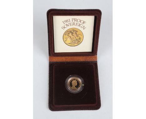 An Elizabeth II proof sovereign 1981, cased with certificate.Buyer’s Premium 29.4% (including VAT @ 20%) of the hammer price.