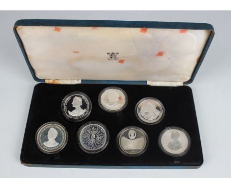 An Elizabeth II Royal Mint silver proof crown-size seven-coin set commemorating the 80th Birthday of the Queen Mother 1980, c