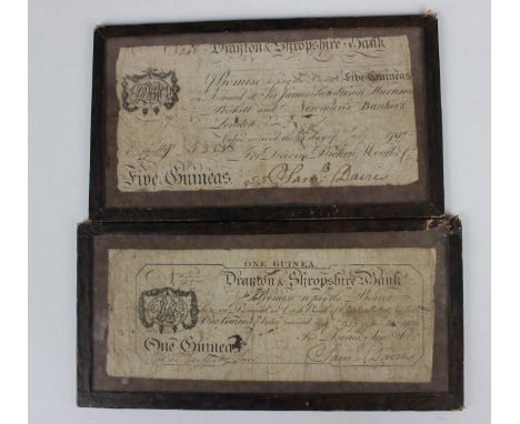 A George III Provincial Drayton &amp; Shropshire Bank five guineas note, signed 'Davies' and dated '1797', and a Drayton &amp