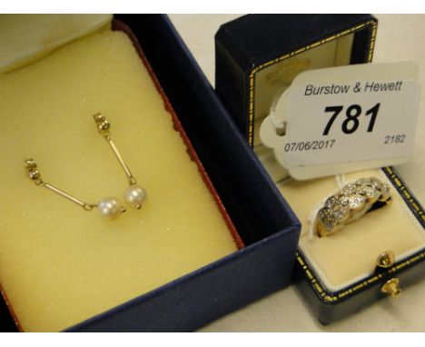 A 9ct gold and diamond set ring and a pair of 9ct gold pearl set earrings.