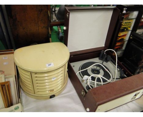 A HMV speaker and a 1960s record player.