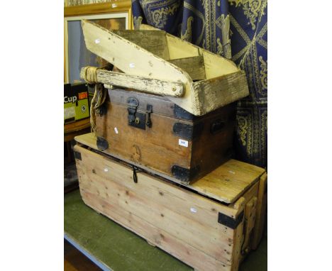 2 Pine boxes, small pine folding ladder, mirrors, etc.