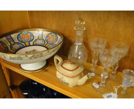 A Vaseline glass liqueur glass, set of 3 Antique goblets with etched glass bowls and a decanter, teapot and a comport.