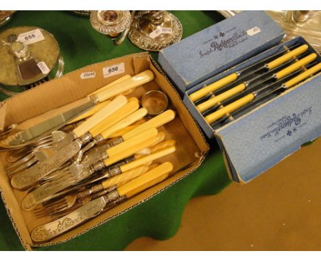 Ivory handled fish cutlery and 4 sets of boxed cutlery.