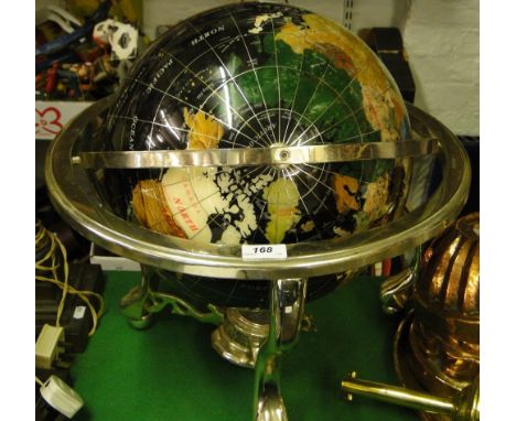 A globe with inset hardstones, on plated stand with tripod support.