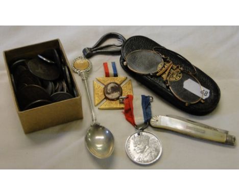 A silver and mother of pearl fruit knife, Royal medallions, Pince Nez, coins, etc.