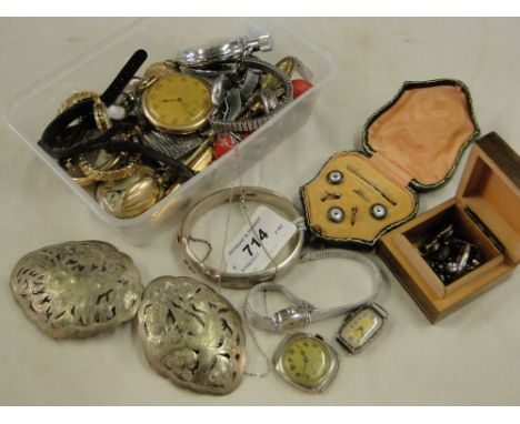 Silver bangle, silver and other costume jewellery, pocket watches, etc.