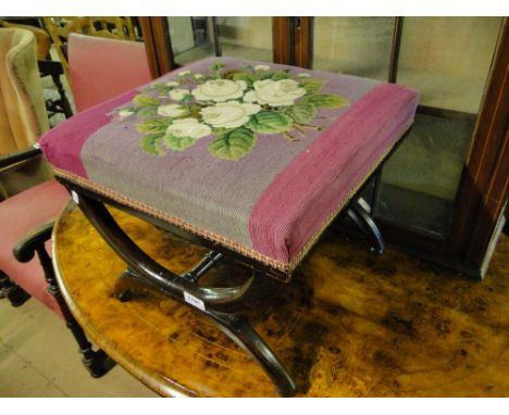 19th century mahogany footstool with tapestry seat on cross stretchers