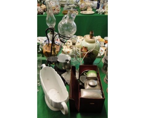 An oil lamp, and Edwardian plated veteran car teaset with enamelled cups and saucers, vase, table lamp, etc.