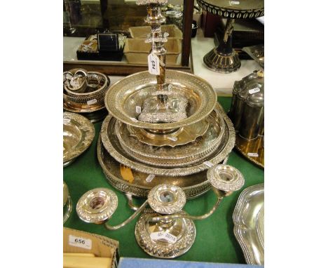 4 Various silver plated and pierced serving trays and dishes, candlestick, candelabra, etc.