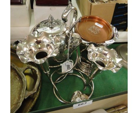 A James Dixon & Sons engraved bullet shaped teapot, epergne, etc.