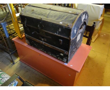 A large painted pine blanket box and a Vintage domed top trunk.