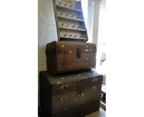 A French metal advertising display stand, a metal trunk and a domed top Vintage trunk.
