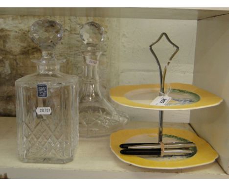 Fountain pens, Edinburgh crystal decanter and another and a 3-tier cake stand.