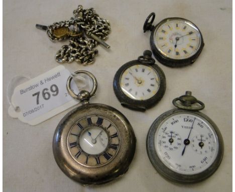 A silver engine turned keywind half hunter pocket watch by Benson, 2 continental silver fob watches, a silver Albert and anot