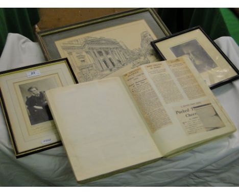 A scrap book relating to John Gielgud including tickets, press cuttings, signed photograph, etc., 2 photographs and a print.