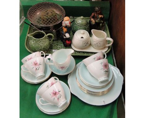 Royal Albert "Elfin" tea service, and a green pottery tray, figures, etc.