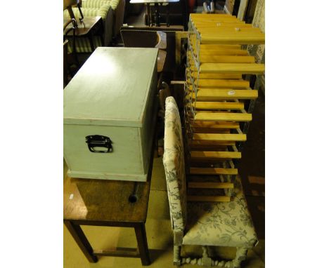 A Vintage school desk, painted pine box, wine rack, upholstered chair and another, etc.