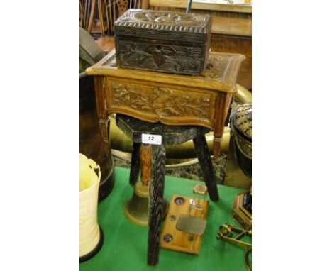 Tripod stool, bell, postal scale and 2 carved boxes.