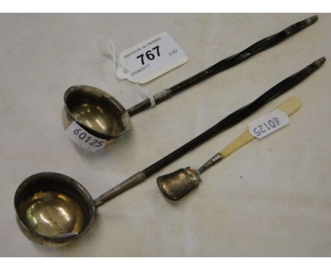 2 19th century silver and whalebone handled ladles and a Victorian silver and ivory handled salt spoon.