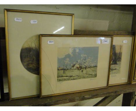K Myles,oil on canvas, still life study of apples, and 3 coloured etchings.