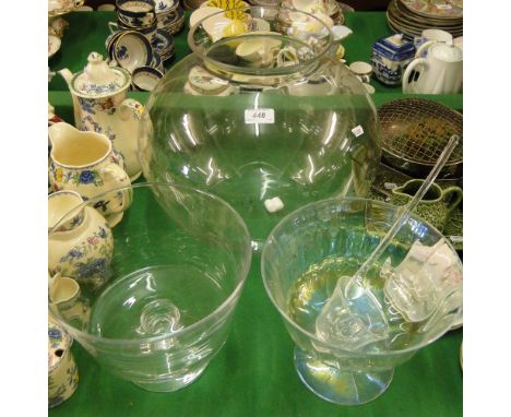 A large globular glass bowl, a lustre comport and another and a ladle.