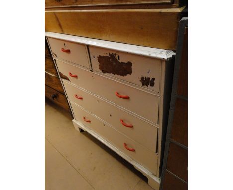 A white painted chest of 5 drawers on bracket feet.