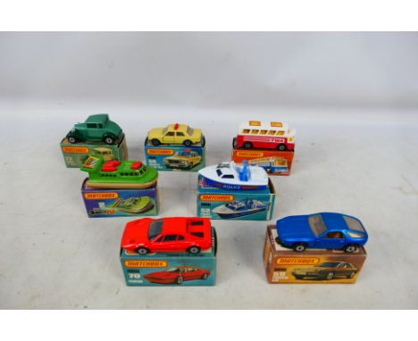 Matchbox - Superfast - 7 x boxed models, Rescue Hovercraft # 2, Police Launch # 52, Mercedes Taxi # 56, Porsche 928 # 59, Fer