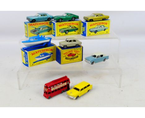 Matchbox by Lesney - eight diecast models comprising five Boxed models, Ford Prefect # 30, Cabin Cruiser and Trailer # 9, Ope