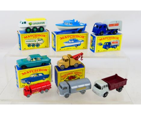 Matchbox by Lesney - eight diecast models comprising five Boxed models, Bedford Wreck Truck # 13, Cabin Cruiser and Trailer #