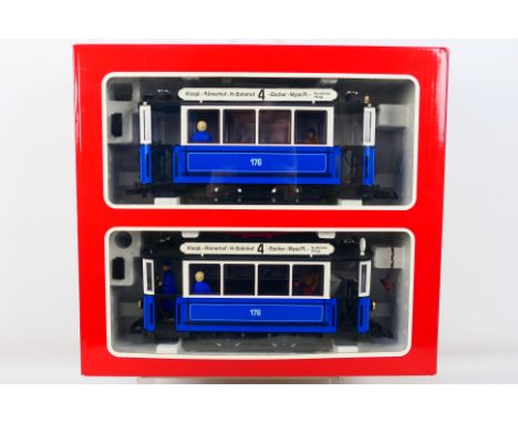 Lehmann - A boxed G gauge L.G.B. #20202 two-car tram sets containing motor tram and trailer car in blue/white ‘Stadtische Str