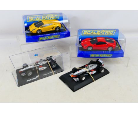 Scalextric - 4 x slot cars, Ferrari F430 # C2822, Lamborghini Gallardo # C2810, and 2 x McLaren Mercedes F1 cars. They appear