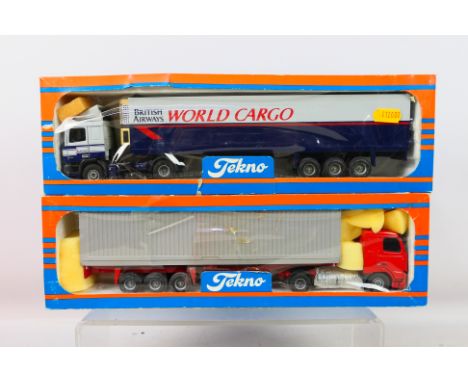 Tekno - 2 x boxed trucks in 1:50 scale, a DAF in British Airways livery and a Volvo in plain red finish with a silver contain
