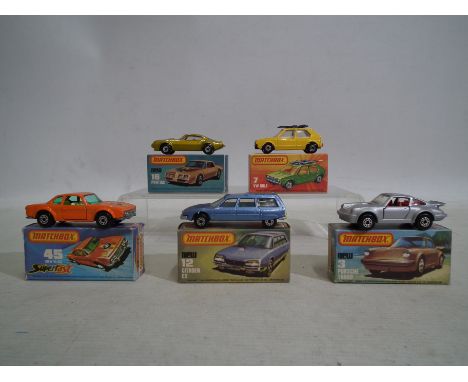 Matchbox - Superfast - 5 x boxed models, Porsche 911 Turbo # 3, VW Golf # 7, Citroen CX # 12, Pontiac Firebird # 16 and BMW C