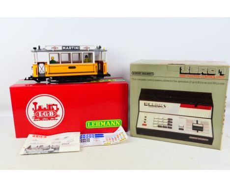 Lehmann - Hornby - A boxed L.G.B G scale yellow tramcar with Martini advert and a missing coupling hook. Item appear to be in