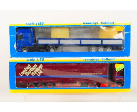 Tematoys - 2 x boxed trucks in 1:50 scale, a DAF CF in Lambert Brothers Haulage livery and a DAF XF in plain blue livery. Bot