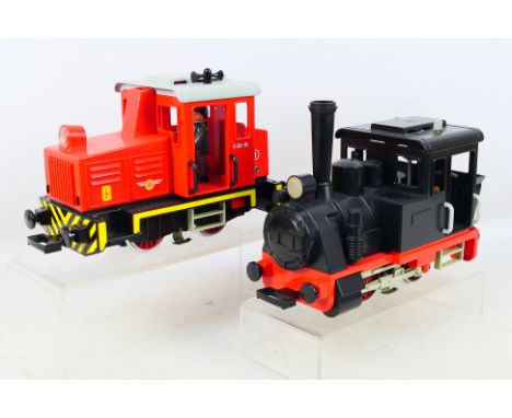Playmobil - A pair of unboxed electric G gauge locomotives suitable for standard G gauge AC track to include 0-4-0 black tank