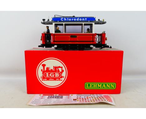 Lehmann - A boxed L.G.B. #2036 G gauge Motorised 'Chlorodont' Tramcar. Item appears to be in excellent condition. Housed in a
