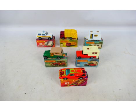 Matchbox - Superfast - 6 x boxed models, Range Rover # 20, Lamborghini # 27, Caravan # 31, Refuse Truck # 36, Ford Camper # 3