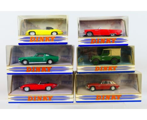 Dinky - six Dinky diecast models comprising 1955 Ford Thunderbird # DY-31, 1967 Jaguar E type # DY-18 (yellow), 1968 Jaguar E