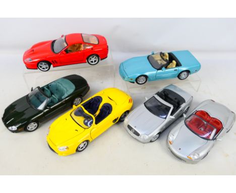 Maisto - collection of 6 unboxed diecast Maisto 1/18 cars. Models include Mercedes, Jaguar, Porsche,  Mustang and Corvette. I